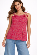 Pink Printed Tie-Shoulder Tassel Top