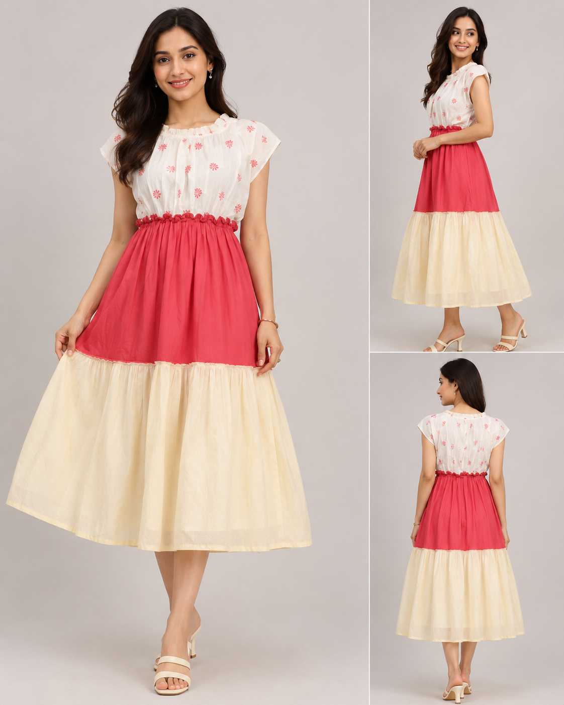White & Pink Floral Printed Tiered Midi Dress