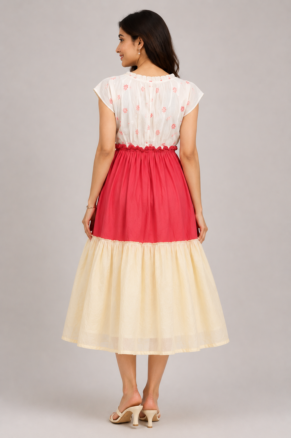 White & Pink Floral Printed Tiered Midi Dress