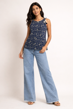 Navy Blue Floral Printed Tie-Shoulder Top