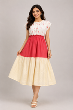 White & Pink Floral Printed Tiered Midi Dress
