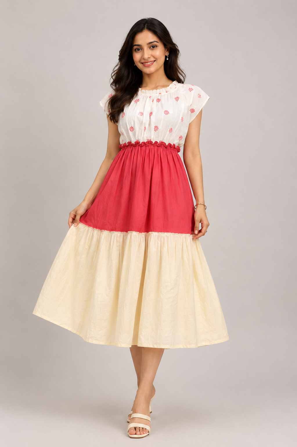 White & Pink Floral Printed Tiered Midi Dress