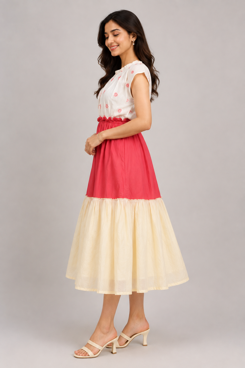 White & Pink Floral Printed Tiered Midi Dress