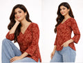 Rust Brown Paisley Printed V-Neck Top