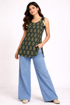 Dark Green Printed Tie-Shoulder Top