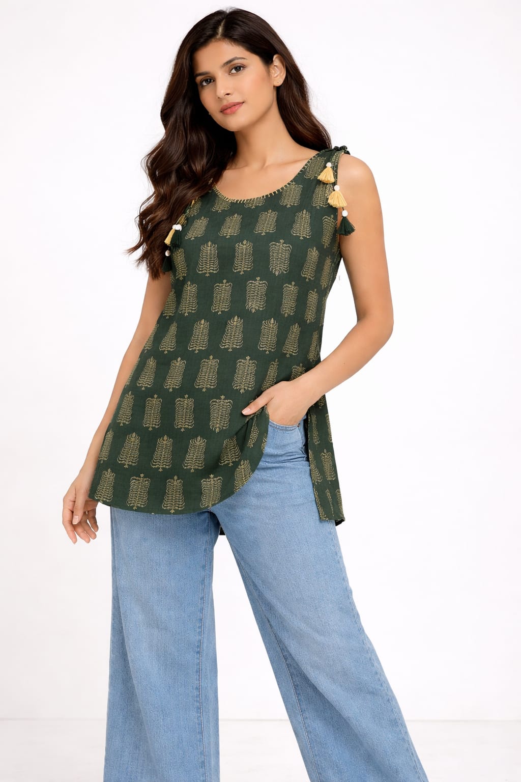 Dark Green Printed Tie-Shoulder Top
