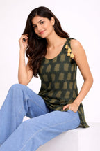 Dark Green Printed Tie-Shoulder Top