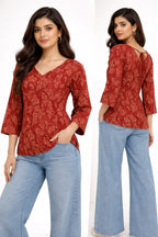 Rust Brown Paisley Printed V-Neck Top