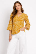 Mustard Yellow Paisley Printed V-Neck Top
