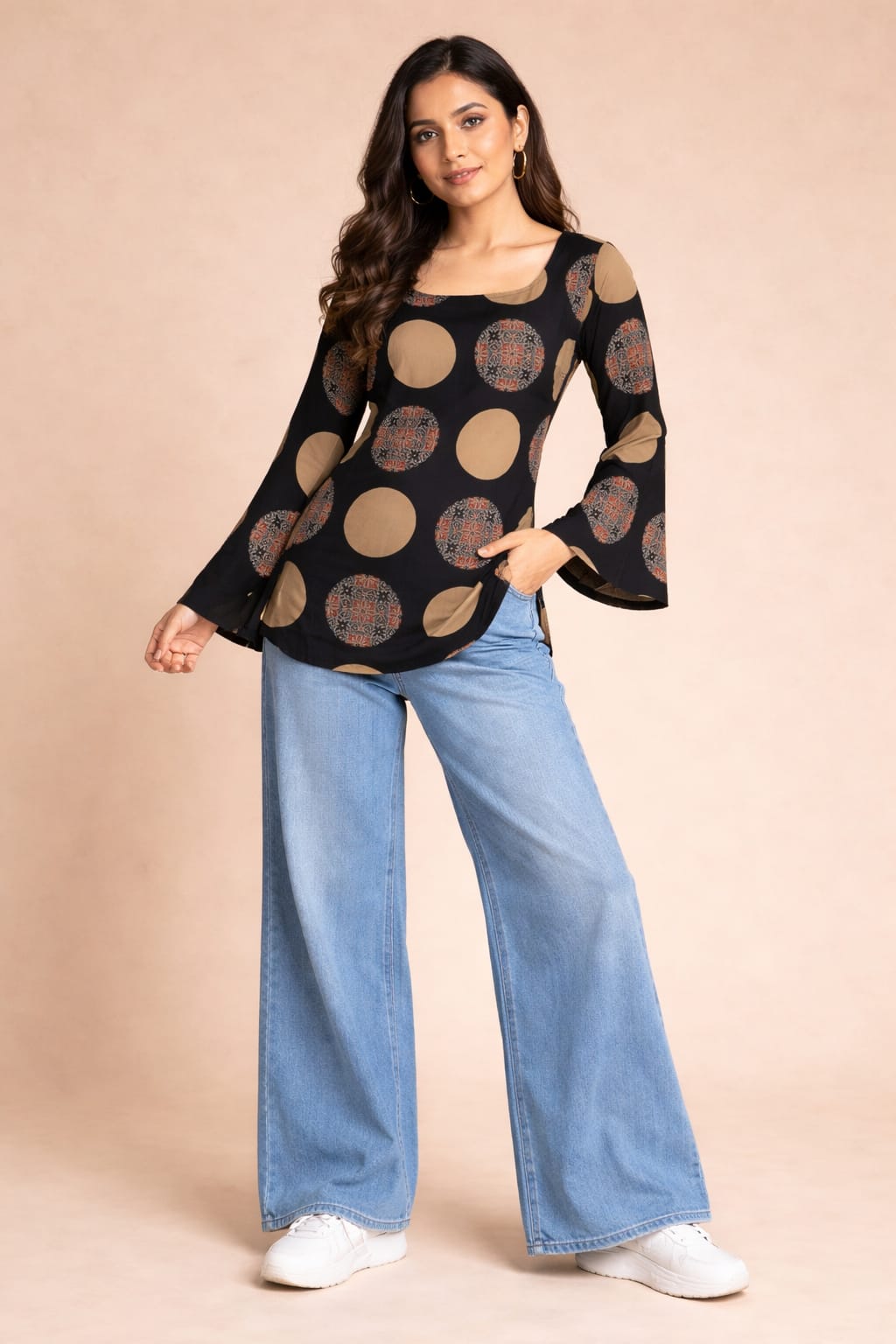 Black Printed Bell Sleeve Top