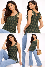Dark Green Printed Tie-Shoulder Top