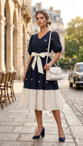 Navy Blue Heart Print Fit & Flare Midi Dress with Bow Belt