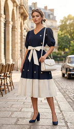 Navy Blue Heart Print Fit & Flare Midi Dress with Bow Belt