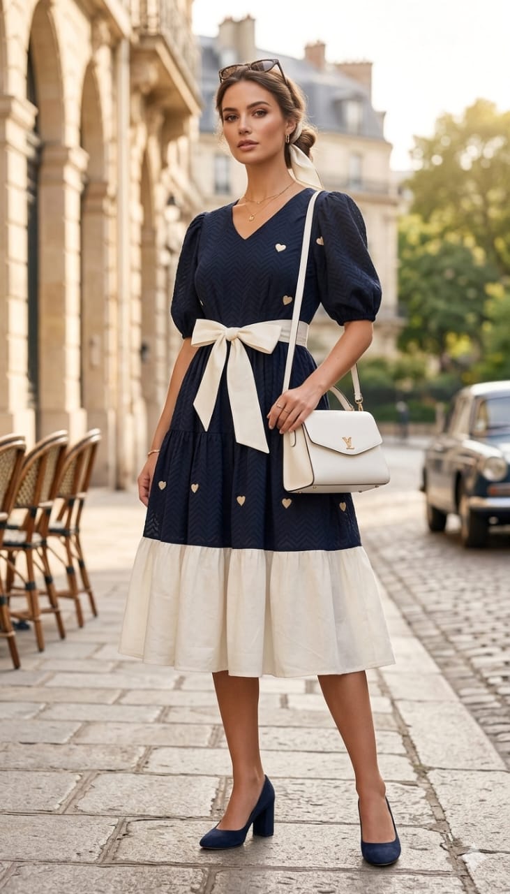 Navy Blue Heart Print Fit & Flare Midi Dress with Bow Belt