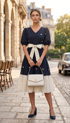 Navy Blue Heart Print Fit & Flare Midi Dress with Bow Belt