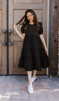 Black Ruffle Sleeve Tiered Midi Dress