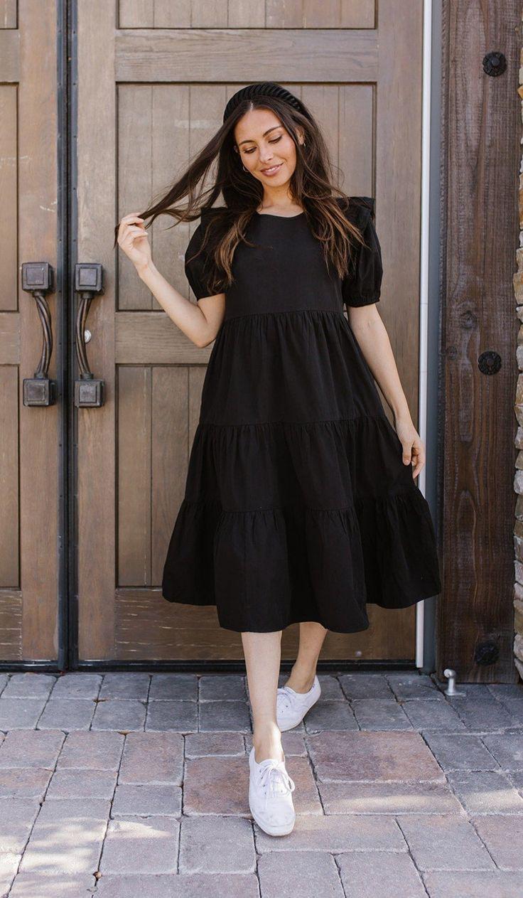Black Ruffle Sleeve Tiered Midi Dress