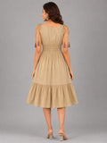Beige Floral Embroidered Smocked Midi Dress with Tassel Tie Straps