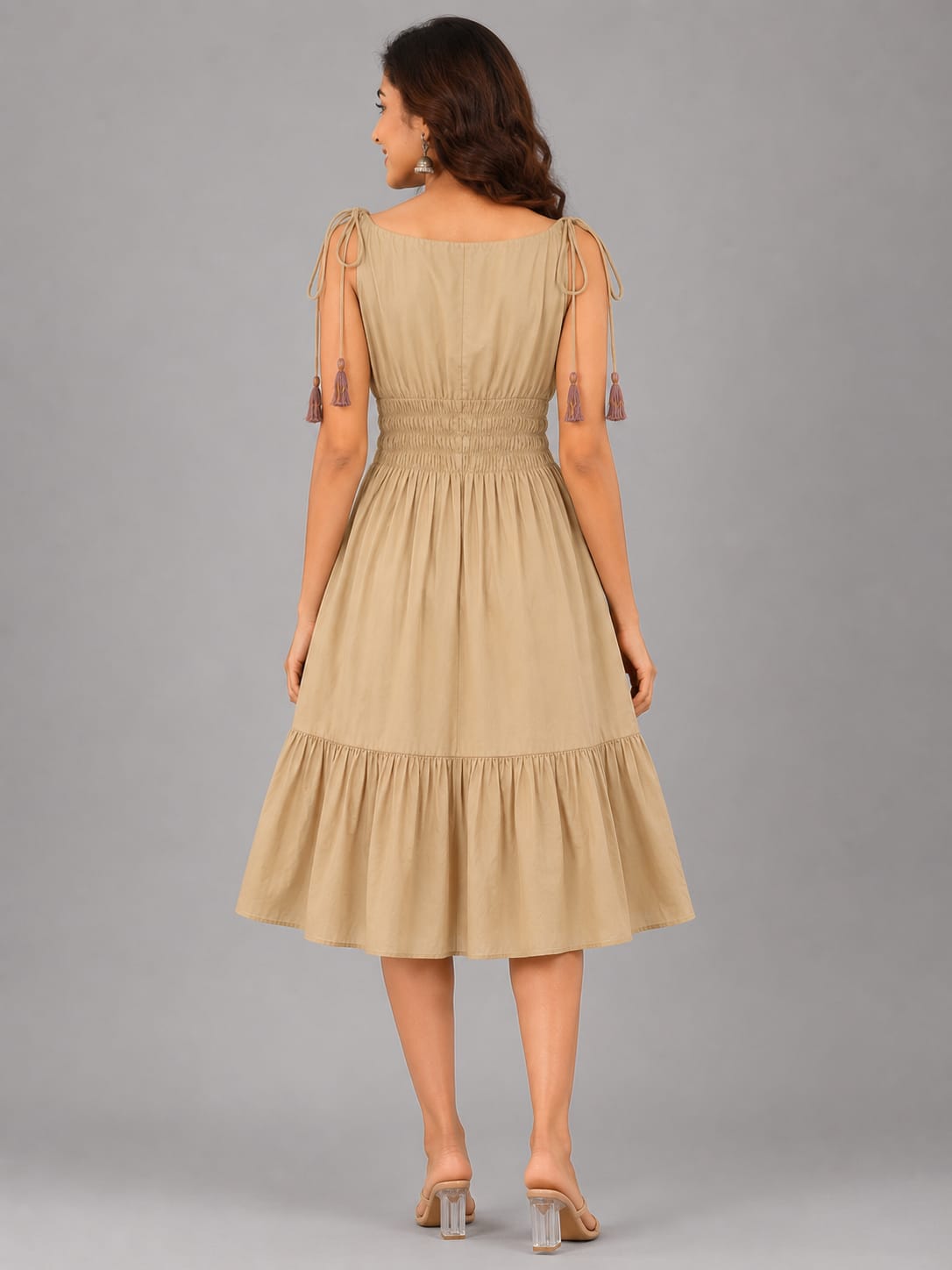Beige Floral Embroidered Smocked Midi Dress with Tassel Tie Straps