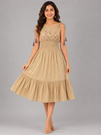 Beige Floral Embroidered Smocked Midi Dress with Tassel Tie Straps