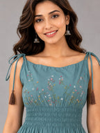 Teal Green Floral Embroidered Smocked Midi Dress with Tassel Tie Straps