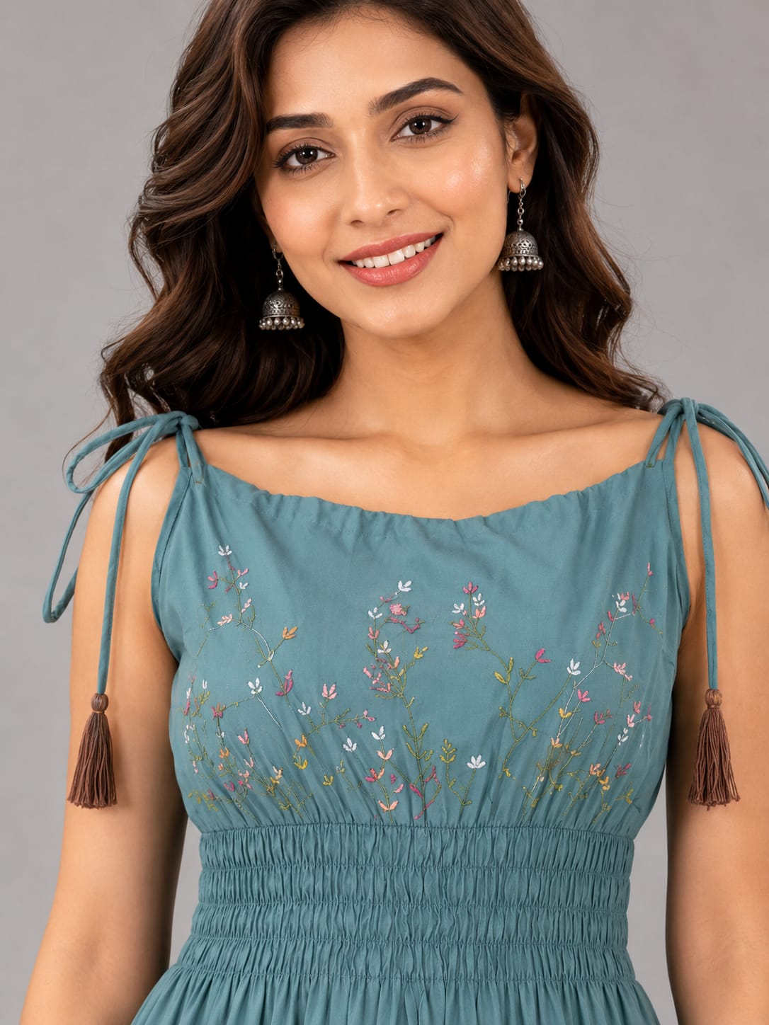 Teal Green Floral Embroidered Smocked Midi Dress with Tassel Tie Straps