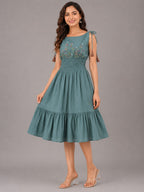 Teal Green Floral Embroidered Smocked Midi Dress with Tassel Tie Straps