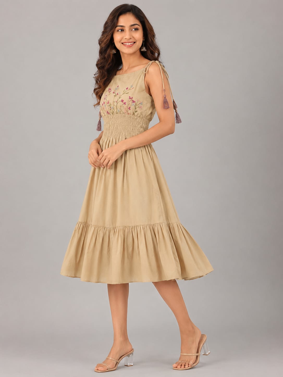 Beige Floral Embroidered Smocked Midi Dress with Tassel Tie Straps