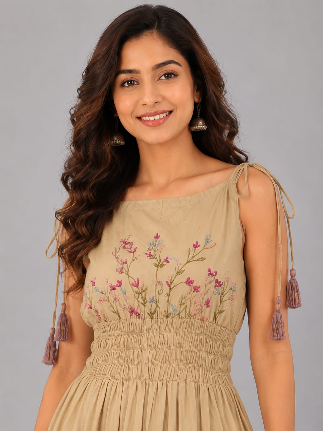 Beige Floral Embroidered Smocked Midi Dress with Tassel Tie Straps