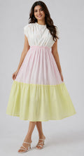 White Pink & Yellow Colorblock Tiered Midi Dress