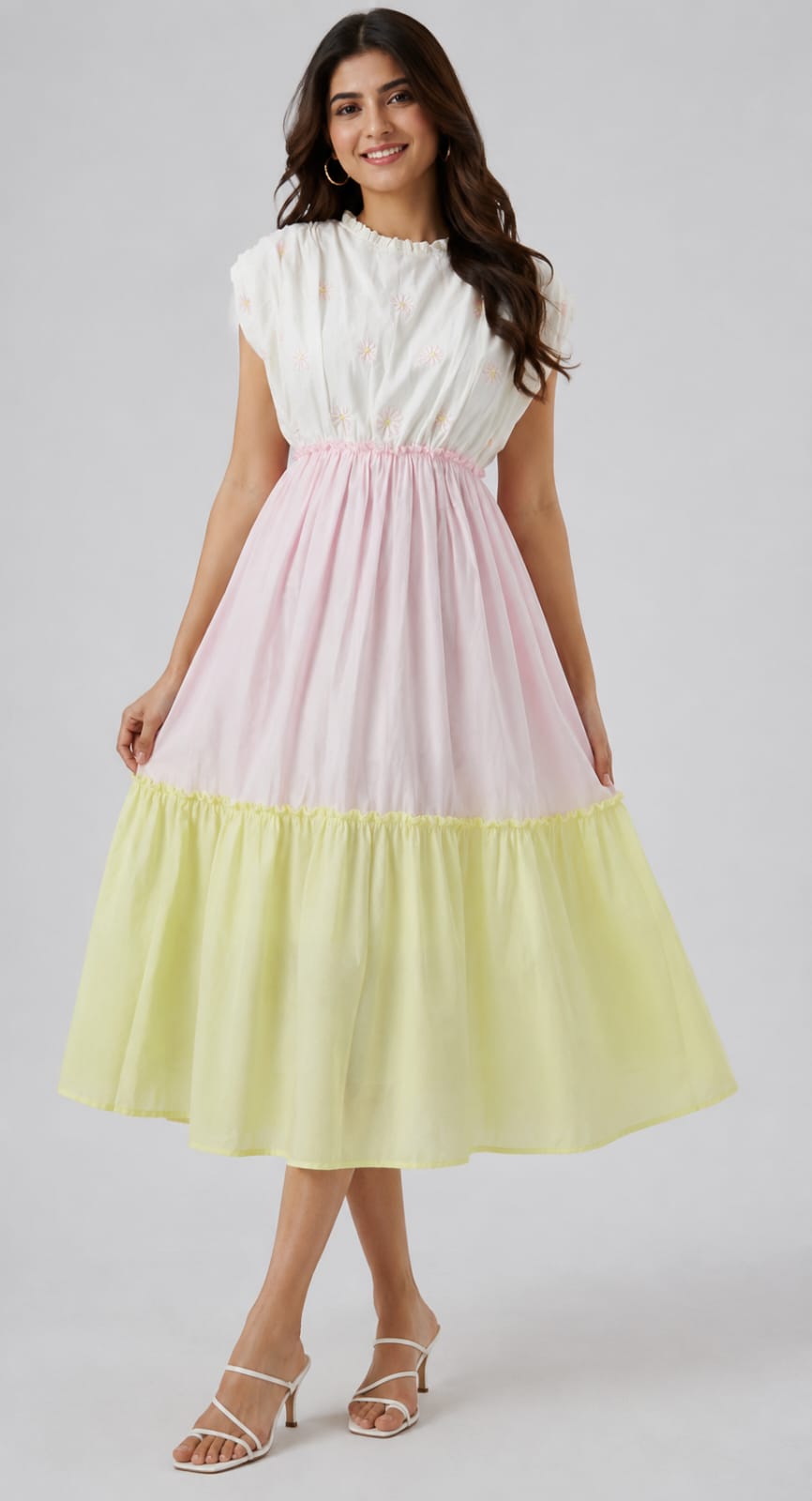 White Pink & Yellow Colorblock Tiered Midi Dress