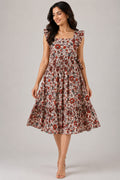 White & Red Floral Printed Smocked Midi Dress with Ruffle Sleeves