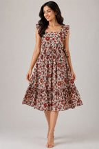 White & Red Floral Printed Smocked Midi Dress with Ruffle Sleeves