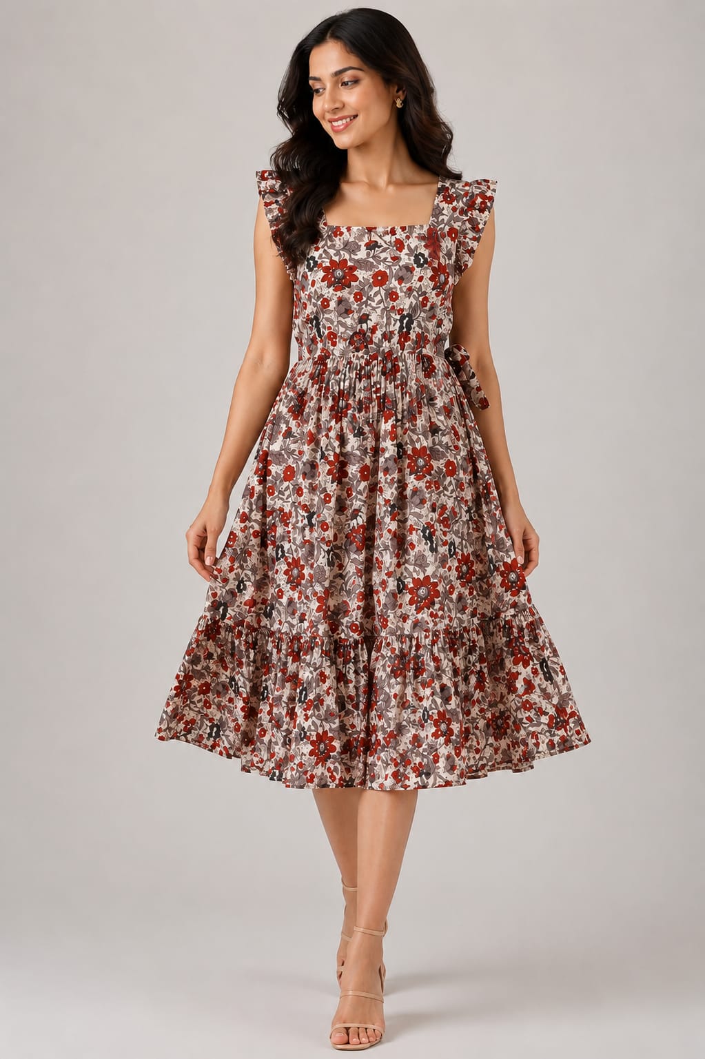 White & Red Floral Printed Smocked Midi Dress with Ruffle Sleeves