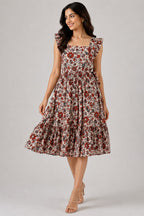 White & Red Floral Printed Smocked Midi Dress with Ruffle Sleeves
