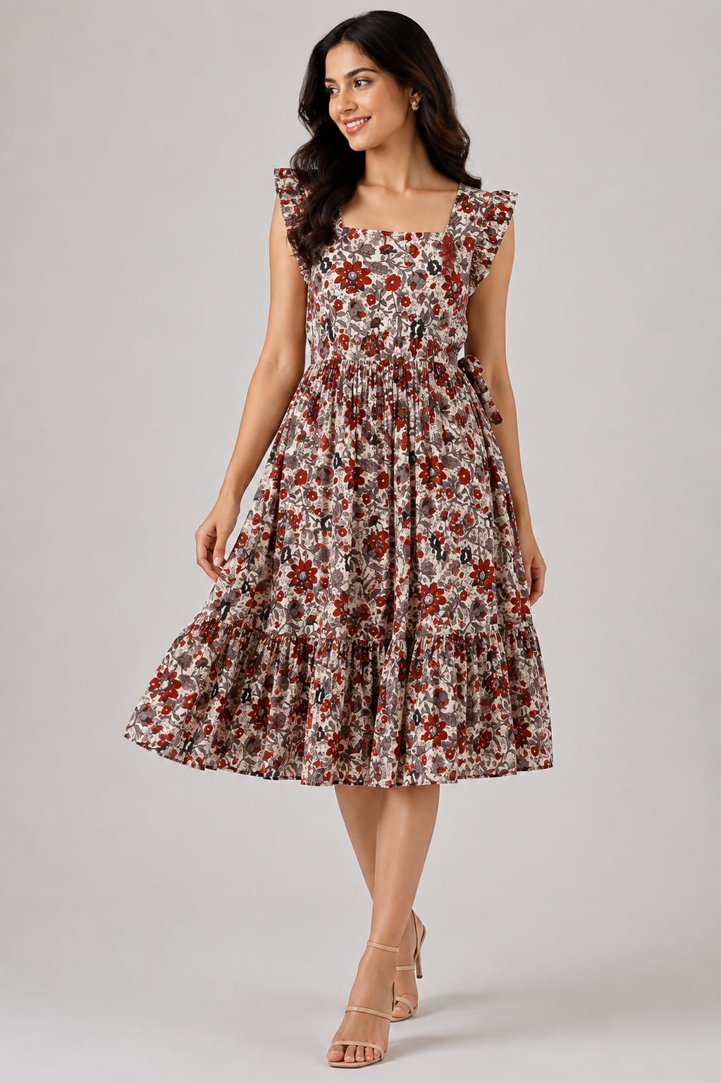 White & Red Floral Printed Smocked Midi Dress with Ruffle Sleeves