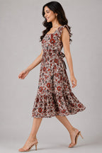 White & Red Floral Printed Smocked Midi Dress with Ruffle Sleeves