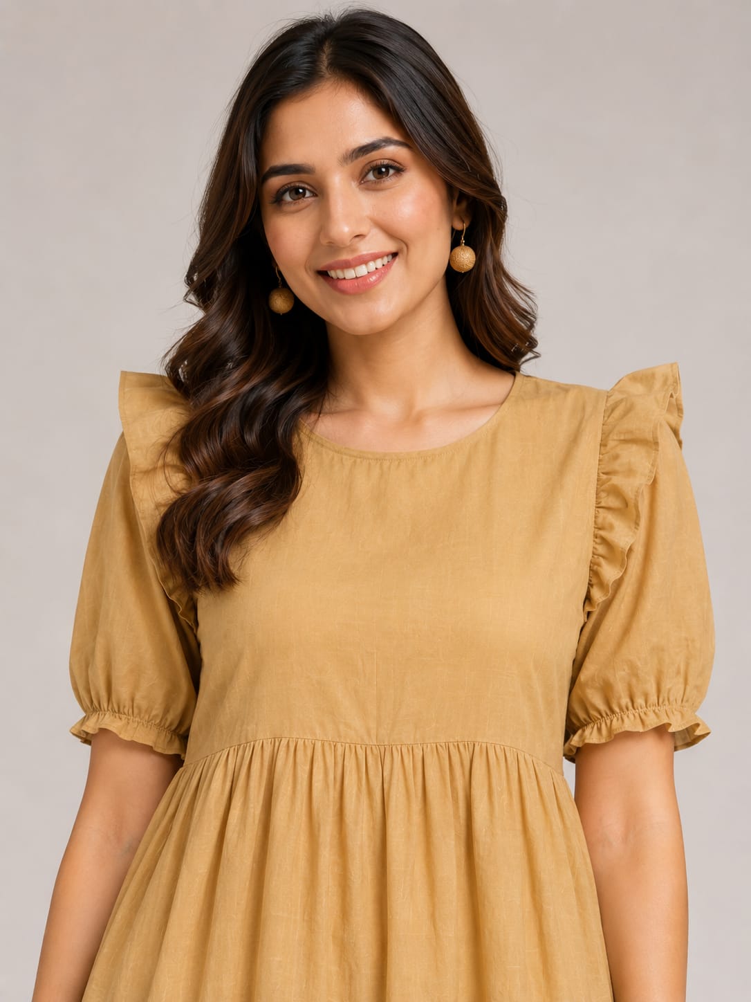 Mustard Yellow Tiered Midi Dress with Ruffle Sleeves