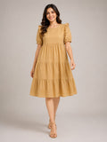 Mustard Yellow Tiered Midi Dress with Ruffle Sleeves