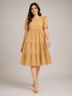 Mustard Yellow Tiered Midi Dress with Ruffle Sleeves