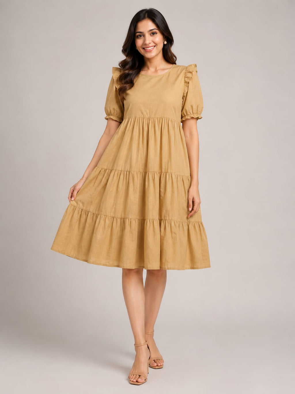 Tiered Midi Dress with Ruffle Sleeves