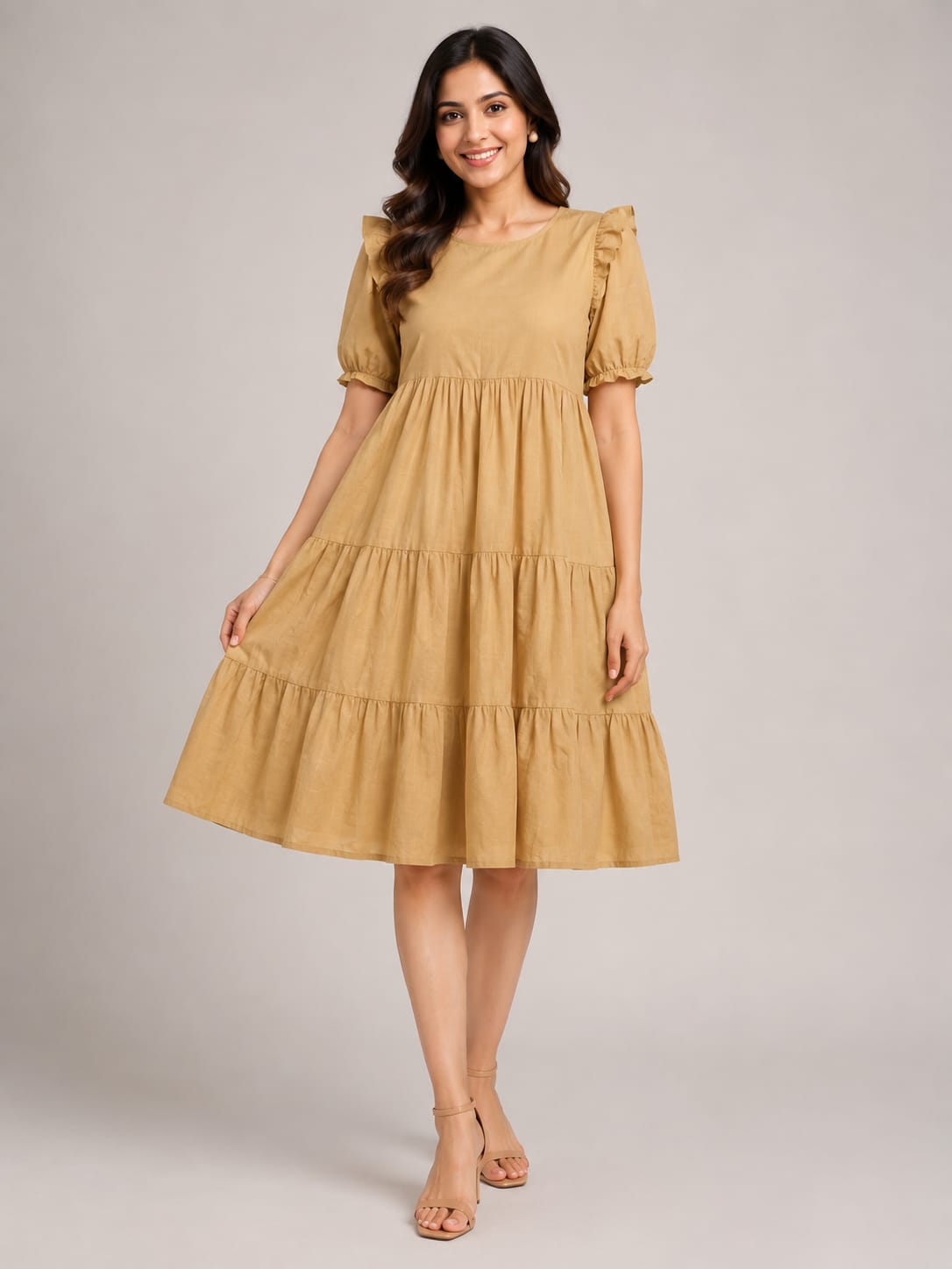 Mustard Yellow Tiered Midi Dress with Ruffle Sleeves