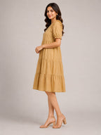 Mustard Yellow Tiered Midi Dress with Ruffle Sleeves
