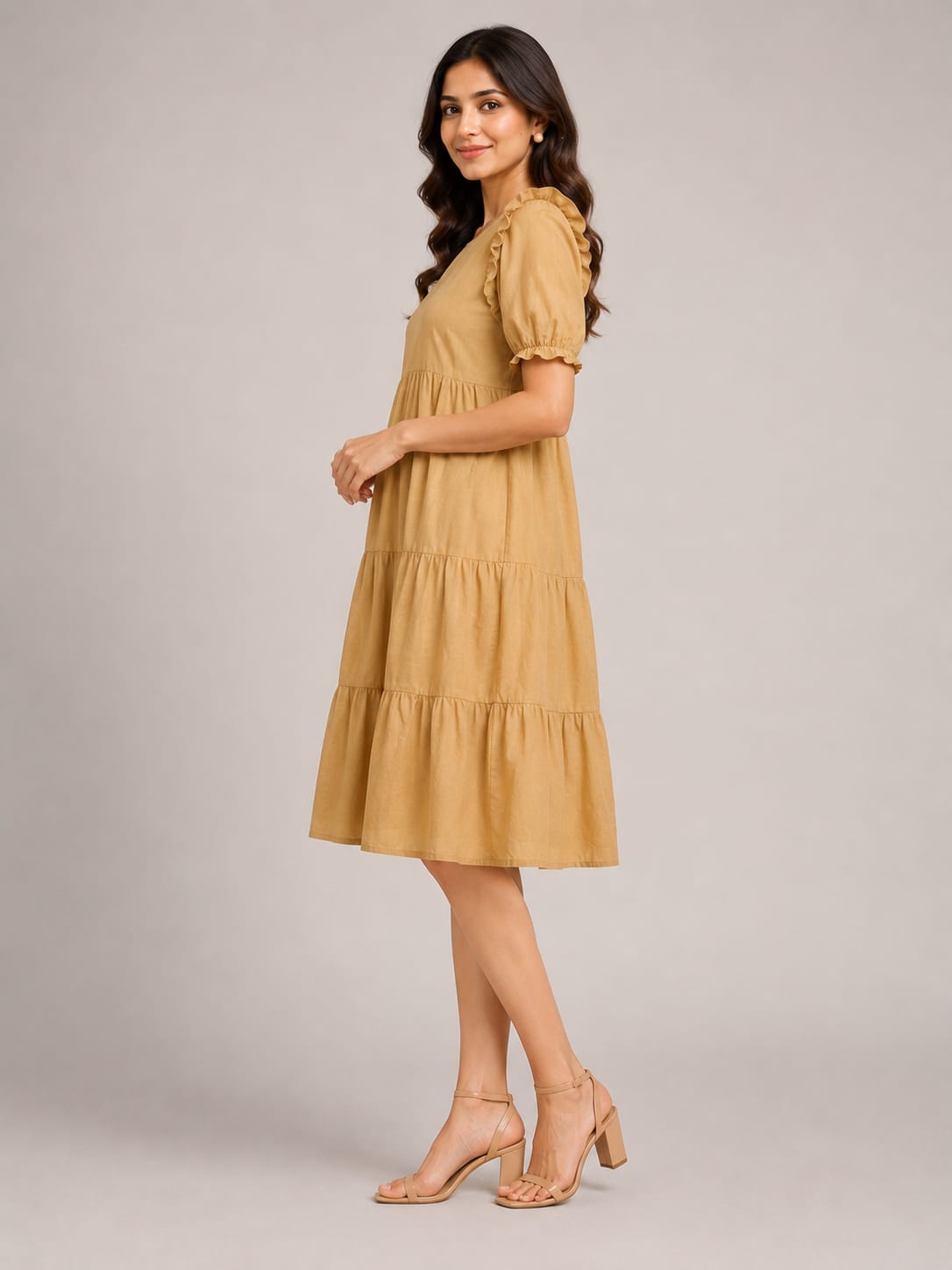 Mustard Yellow Tiered Midi Dress with Ruffle Sleeves