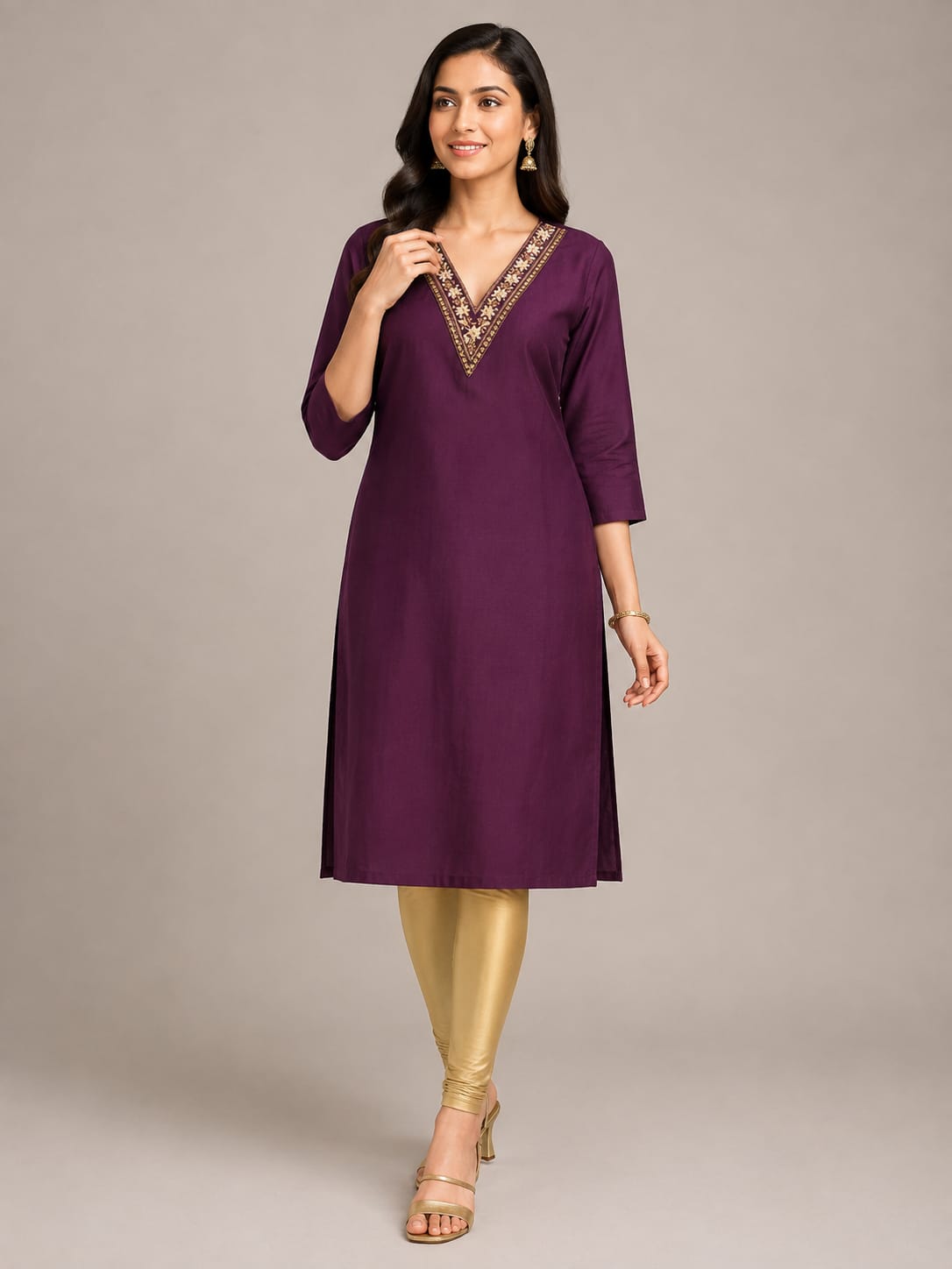 Plum Royale V-Neck Kurti