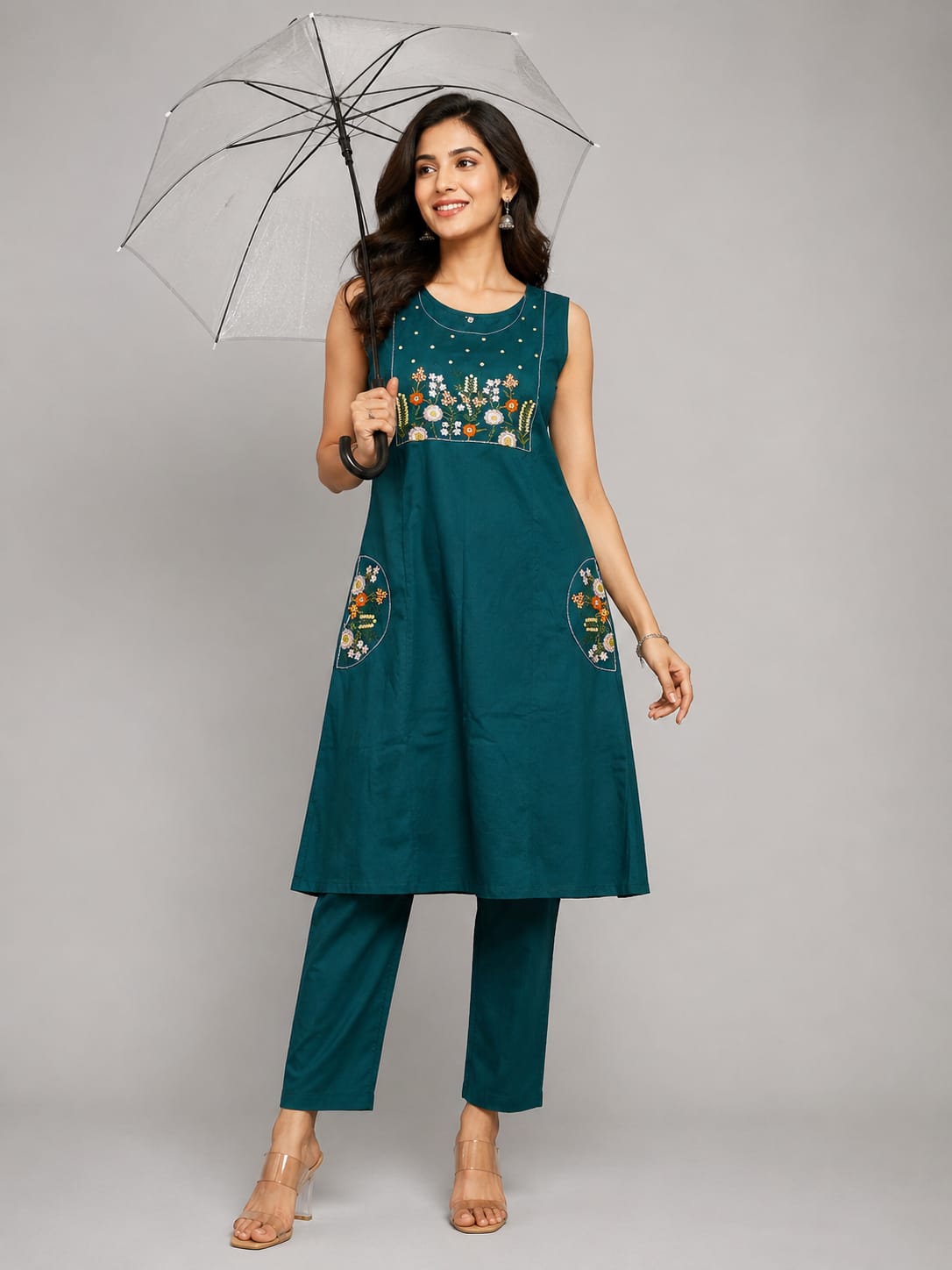 Teal Meadow Embroidered Kurti Set