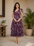 Burgundy Floral Printed One-Shoulder Midi Dress with Tie Detail
