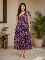 Burgundy Floral Printed One-Shoulder Midi Dress with Tie Detail