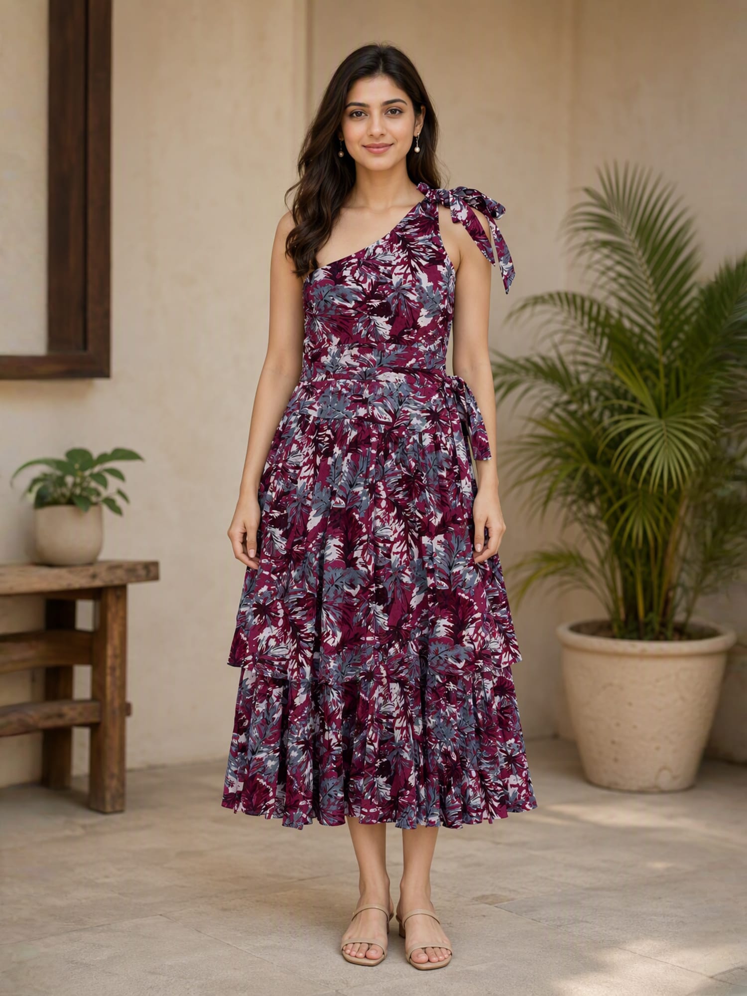 Burgundy Floral Printed One-Shoulder Midi Dress with Tie Detail