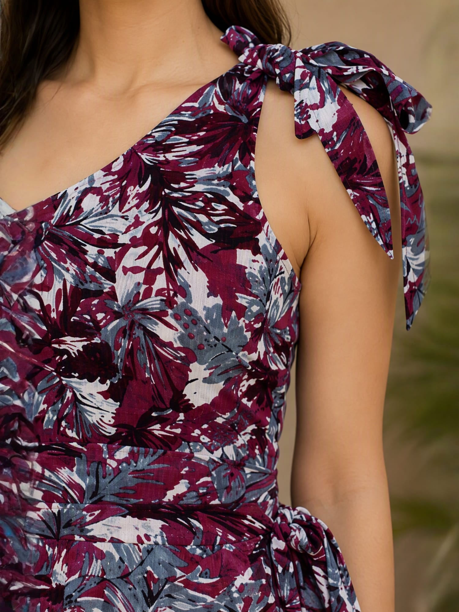 Burgundy Floral Printed One-Shoulder Midi Dress with Tie Detail